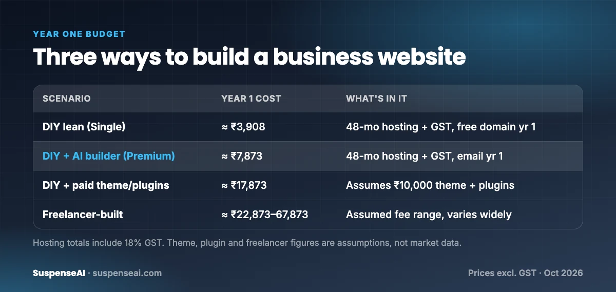 Table comparing website cost India small business budget scenarios for year one